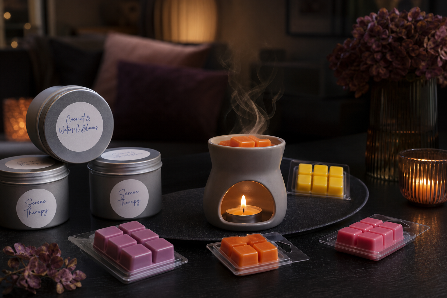 Styled wax melts and fragrance tin on a dark surface