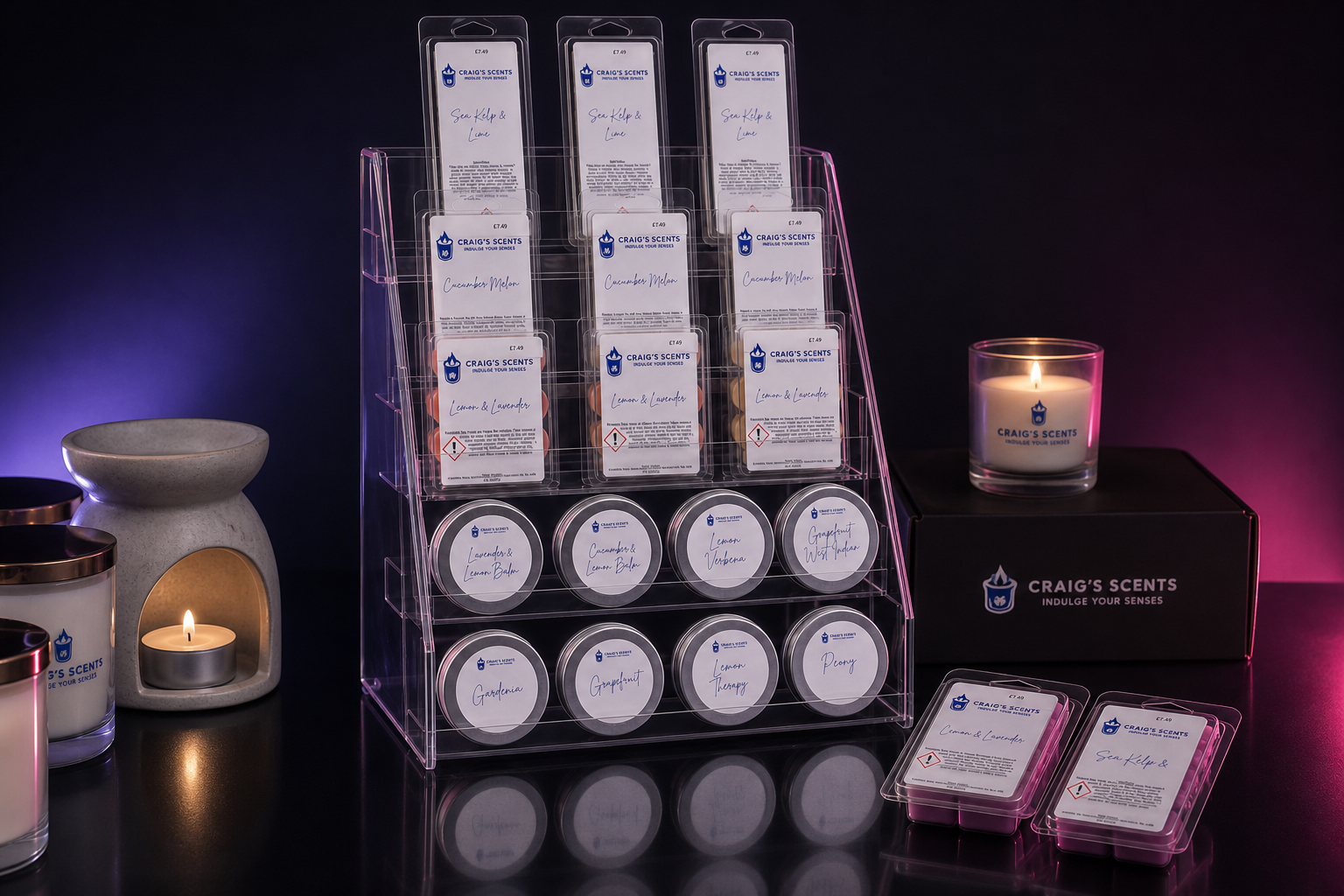 Craig's Scents branded display of wax melts and sizzlers